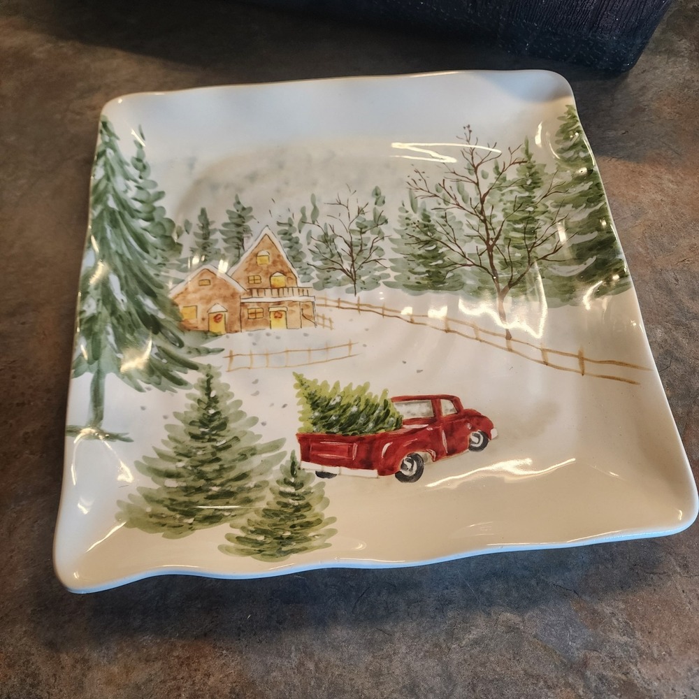 Maxcera SNOWVILLE Square Serving Dinner Plate 11"x11" Winter Snowy Red Old Truck